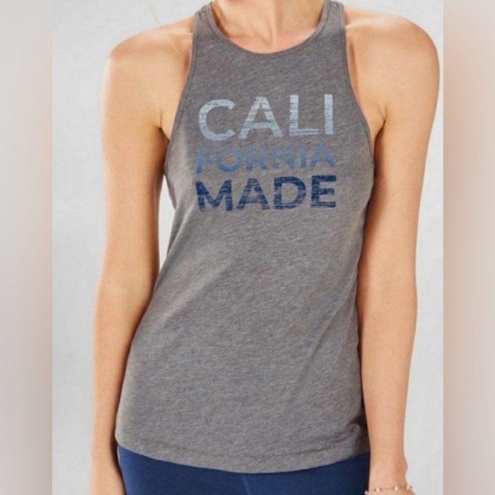 ✨SOLD✨ Fabletics “California Made” Gray Racerback Tank Top with Blue Font